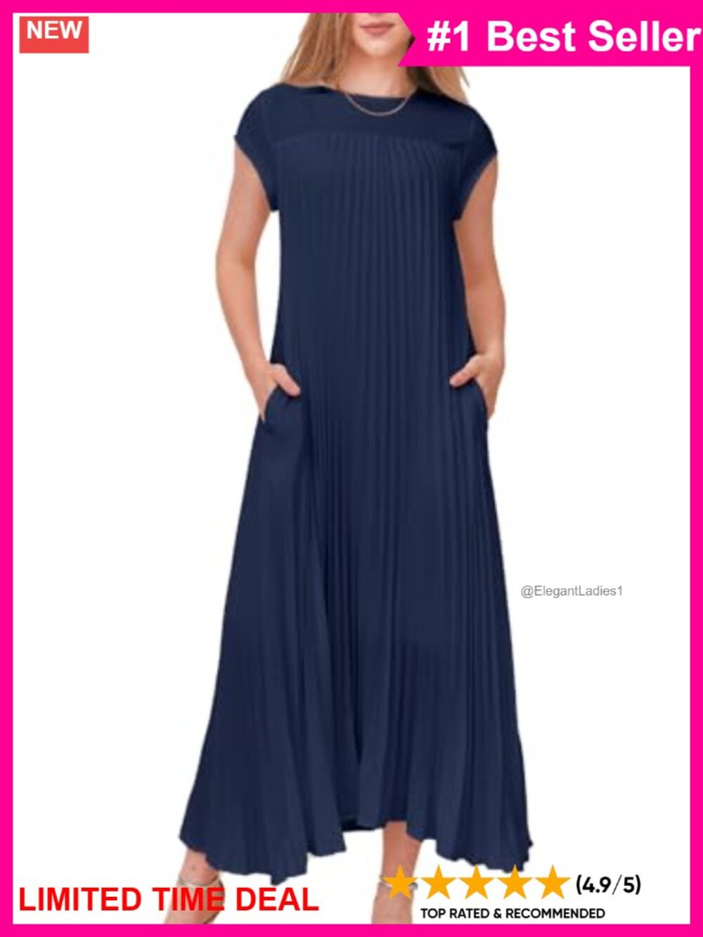 Pleated Maxi Dress Short Sleeve Crewneck Swing Long Dress with Pockets